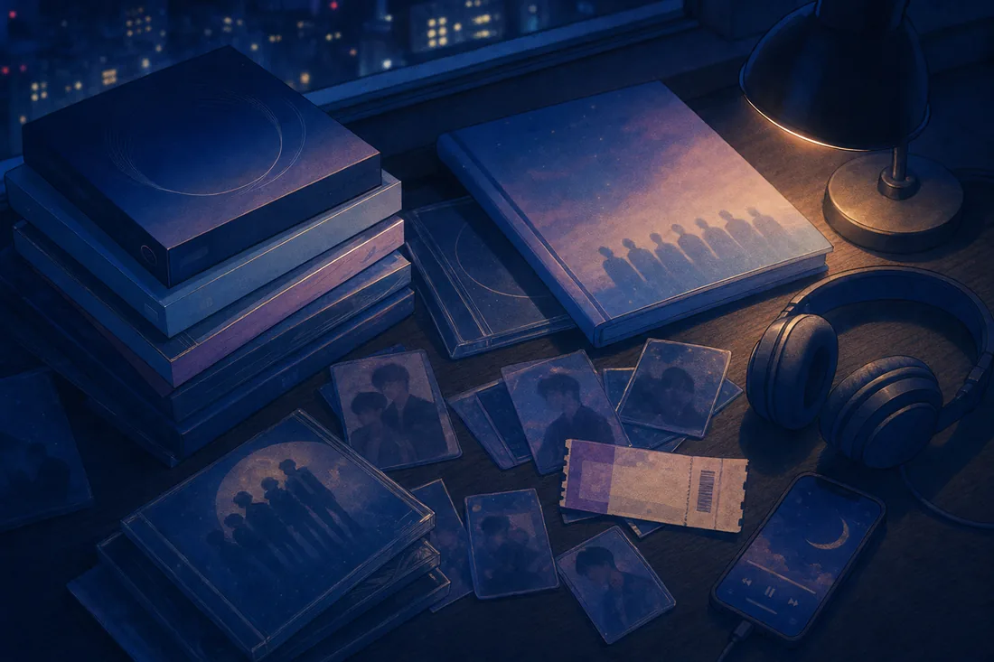 A desk at night covered in album cases, photocards and headphones