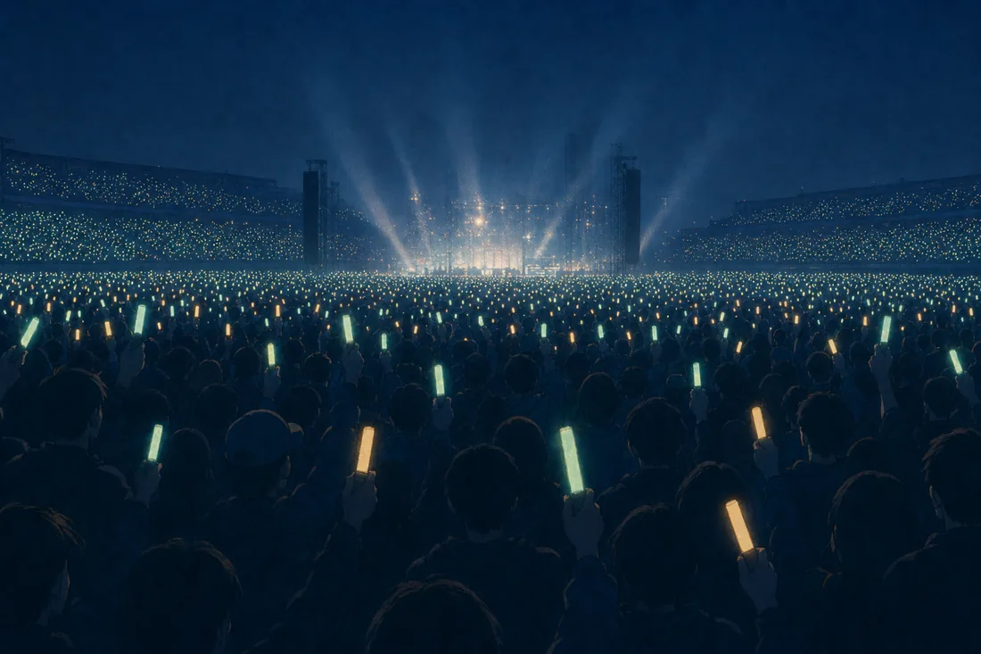 An arena crowd holding an ocean of glowing lightsticks facing a distant stage