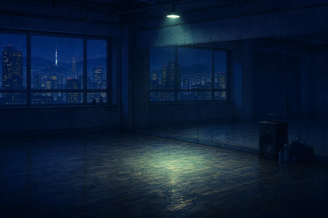 An empty late-night dance practice studio with mirrored walls and city lights outside