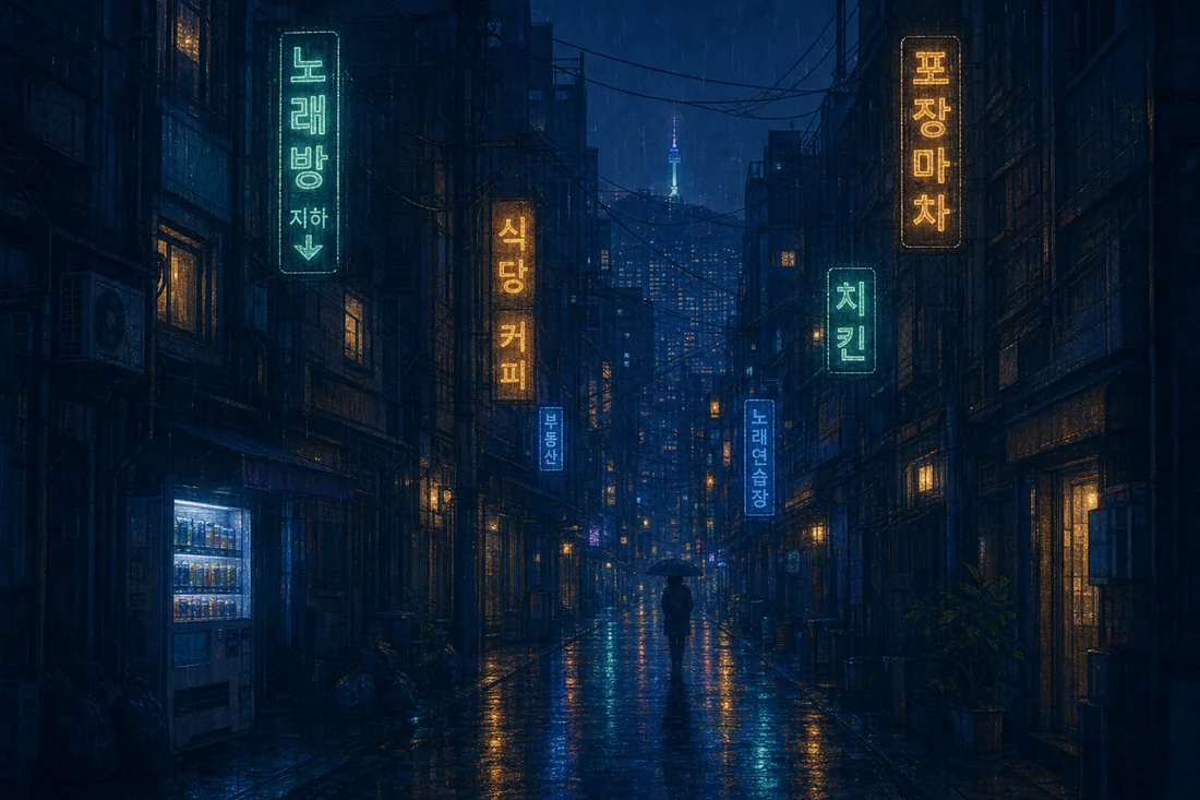 A rainy Seoul back alley at night lit by Hangul neon signs